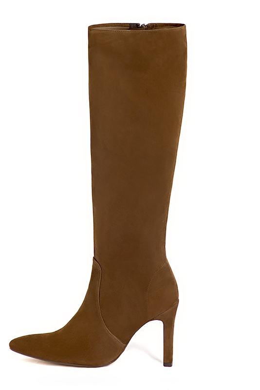 Caramel brown women's feminine knee-high boots. Tapered toe. Very high slim heel. Made to measure. Profile view - Florence KOOIJMAN